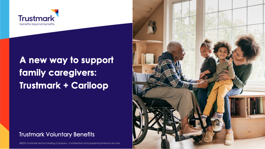 Powerpoint title slide: A new way to support family caregivers: Trustmark + Cariloop